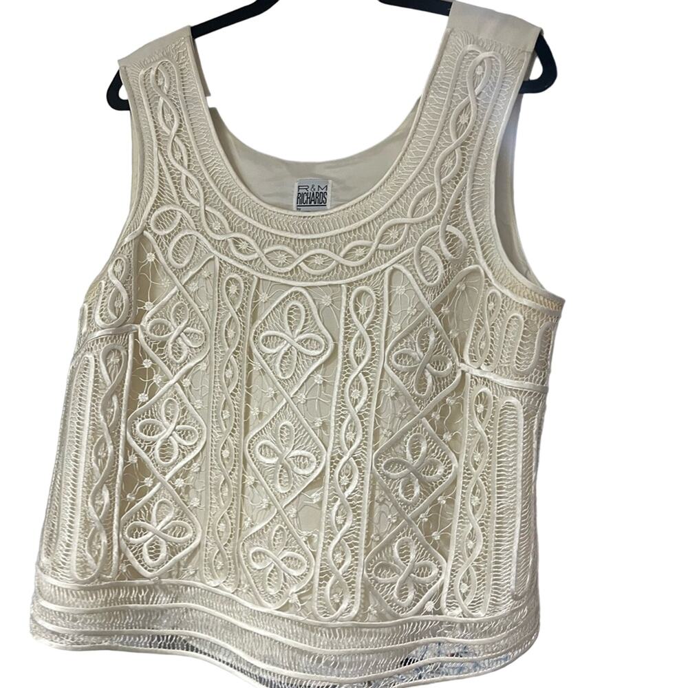 R&M vintage Ribbon Laced Front tank top shell Sheer Lined off white size 18